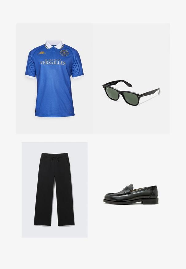 Niebieska koszulka piłkarska z kołnierzykiem, z teksturowanym wzorem, złotymi napisami "Football Club de VERSAILLES" oraz białymi akcentami na rękawach.; Czarne szerokie spodnie dresowe wykonane z miękkiego materiału. Posiadają elastyczny pas z sznurkiem i boczne kieszenie. Gładka tekstura.; Czarne skórzane mokasyny z fakturowanym czarnym skórzanym akcentem, zaokrąglonym noskiem i niskim blokowym obcasem; zawierają dekoracyjny metalowy detal.; Czarne plastikowe okulary przeciwsłoneczne z zielonymi szkłami, kwadratowe oprawki, srebrny akcent na brwi oraz fakturowane ramiona temple. Nazwa marki podana na wewnętrznej stronie ramion.