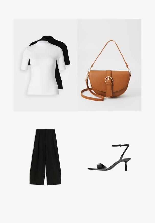 Set aus zwei enganliegenden Rollkragenoberteilen in Weiß und Schwarz. Kurzarm, glattes Baumwollmaterial und figurbetontes Design. Keine Muster oder Grafiken.; Schwarze weite Hosen aus glattem Stoff, mit hoher Taille, Falten an der Vorderseite und ohne sichtbare Verzierungen oder Muster.; Bershka High Heel Sandalette - black; Braune Leder-Crossbody-Tasche mit geschwungener Form, goldfarbenen Beschlägen und einer Schnallenakzentuierung. Verfügt über einen abnehmbaren Schultergurt.