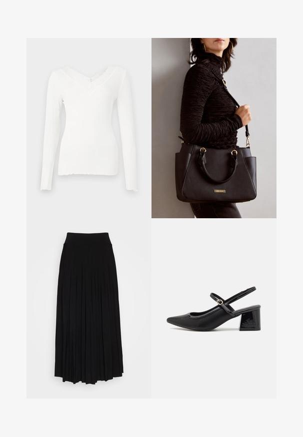 Weißes, geripptes Langarmoberteil mit V-Ausschnitt und strukturiertem Spitzenbesatz entlang des Ausschnitts, ausgestattet mit einem leicht geschwungenen Saum und taillierter Passform.; Schwarzer plissierter Rock mit breitem, dehnbarem Bund. Gefertigt aus weichem Stoff, mit vertikalen Falten für eine fließende Silhouette.; Schwarze Lackleder-Slingback-Absätze mit spitzer Zehenform, einem runden Ausschnitt-Design und einem Blockabsatz. Mit einem goldfarbenen Schnallenakzent.; Schwarze Handtasche mit strukturierten Oberflächen, doppelten Obergriffen und verstellbarem Schultergurt. Mit goldfarbener Hardware und Seitentaschen.