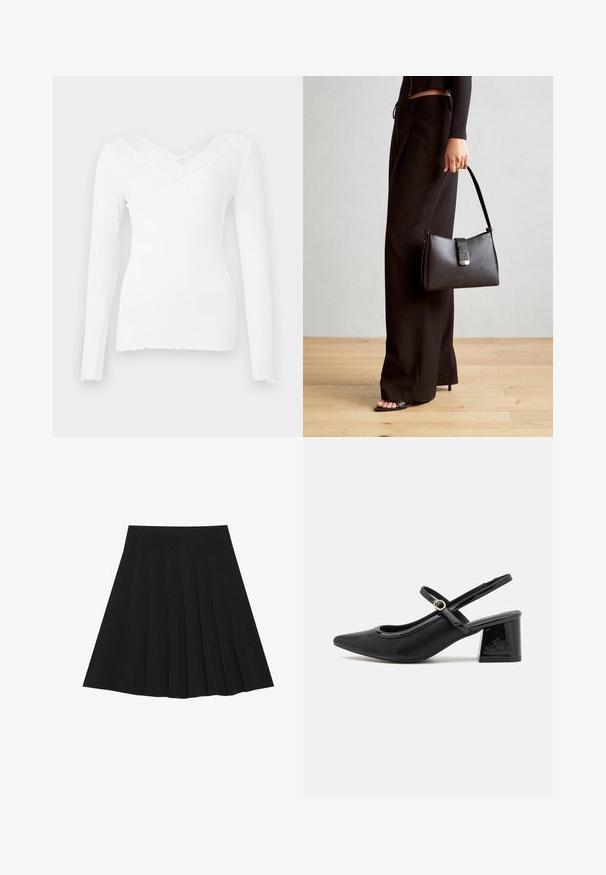 Valge ribadega pikkade varrukatega topp V-kujulise kaelusega, millel on tekstuuriga pitsäär kaeluse ääres. Topp on veidi laineline allääres ning omab vormitud disaini.; Must mustriga seelik, millel on tekstureeritud kangas ja kitsas vöökoht. Ulatuv põlveni, omadab sujuvat ja lõputut siluetti.; Mustad läikivad nahast slingback-kõrged kontsad, millel on terav nina, ümar lõikekujundus ja blokknina. Omab kuldset nupu aktsenti.; Must musta kott, millel on struktureeritud kuju, sile tekstuur ja metallist klamber. Kombineeritud laiate mustade pükstega ja avatud varvaste sandaalidega puidust põrandal.