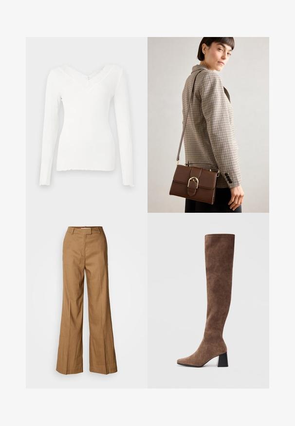 Fehér, bordázott, hosszú ujjú felső V-nyakkal és textúrált csipke díszítéssel a nyakvonal mentén, enyhén fodros alsó szegéllyel és testhezálló fazonnal.; Barna, széles szárú nadrág könnyű anyagból. Jellemzője a sima elülső rész, övhurkok és az alakra szabott sziluett, boka hosszúságú kivitelben.; Barna, lábszárközépig érő csizmák puha velúrból, hegyes orral és vastag fekete sarkával. A design sima varrásokat tartalmaz az elegáns megjelenés érdekében.; Barna bőr keresztpántos táska arany színű csattal, téglalap alakú, sima felületű és levehető pánttal.