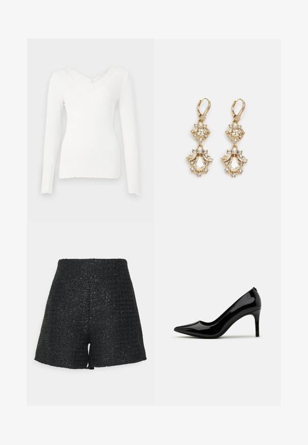 Valkoinen ribbitekstin pitkähiha-mallinen paita, jossa on V-pääntie ja teksturoidun pitsin yksityiskohtia pääntien ympärillä, hieman aaltoileva helma ja tiukka muotoilu.; Mustat kudotut shortsit, joissa on teksturoitu pinta ja hillitty kiilto. Ominaisuuksiin kuuluu korkea vyötärö ja muotoiltu A-linjainen malli.; Musta lakattu nahkainen korkokenkä, jossa on terävä kärki ja sulava siluetti, ominaisuutena sileä pinta ja minimalistinen muotoilu.; Kultakosketuksella varustetut roikkuvat korvakorut, joissa on ryppäsmäinen muotoilu ja pyöreät sekä pisaramaiset kirkkaat kristallit, esittelevät monimutkaista yksityiskohtaisuutta.