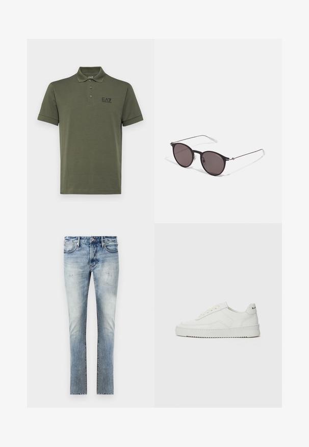 EA7 Emporio Armani TRAIN CORE - Pólóing - beetle; Világoskék farmernadrág, kopott hatással, slim fit kialakítással, öt zsebbel és eltérő színű varrással a varratoknál.; Fehér bőr sportcipő sima felülettel, kerek orral, lapos fűzőkkel és texturált talppal. Finom logó található a sarokon.; Fekete kerek napszemüveg sötét lencsékkel és karcsú fém szárakkal. Átlátszó szárvégeket és ezüst részleteket tartalmaz az ívnél. Minimalista dizájn.