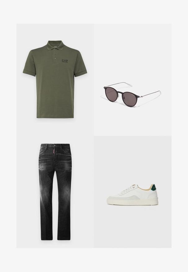 EA7 Emporio Armani TRAIN CORE - Polo - beetle; Jeans de denim preto com um corte reto. Apresentam áreas desbotadas, ligeira degradação, design clássico de cinco bolsos e um fecho de botão.; Tênis brancos com detalhes em camurça, bico arredondado, atacadores planos e sola de borracha creme. Apresenta uma marcação verde no calcanhar.; Óculos de sol redondos pretos com lentes escuras e hastes metálicas finas. Inclui pontas de templo transparentes e detalhes em prata na dobradiça. Design minimalista.