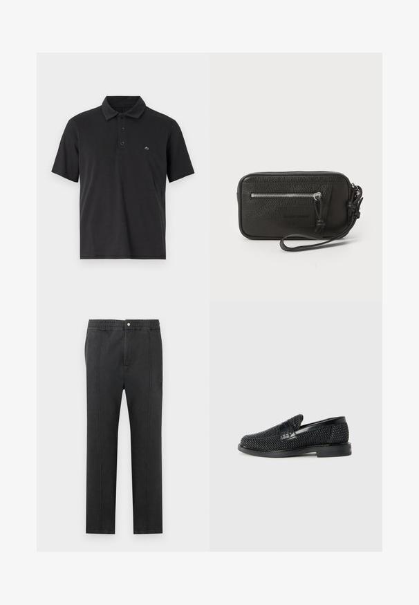Melna kokvilnas polo krekls ar salocītu apkakli, trim pogām, īsām piedurknēm un mazu izšūtu logotipu uz krūšu.; Melnas bikses ar elastīgu jostasvietu, plakanu priekšpusi, divām sānu kabatām un dekoratīvām šuvēm. Nav redzamu rakstu vai aparatūras detaļu.; Melnas austas slaidu kurpes ar gludu ādas akcentu augšpusē, apaļas formas purngalu un zemas profila gumijas zoli.; Melnas ādas clutch soma ar teksturētu virsmu, priekšējo rāvējslēdzēja kabatu un noņemamu roku siksnu. Iekļauts logotipa uzlikums priekšpusē. Taisnstūra forma.