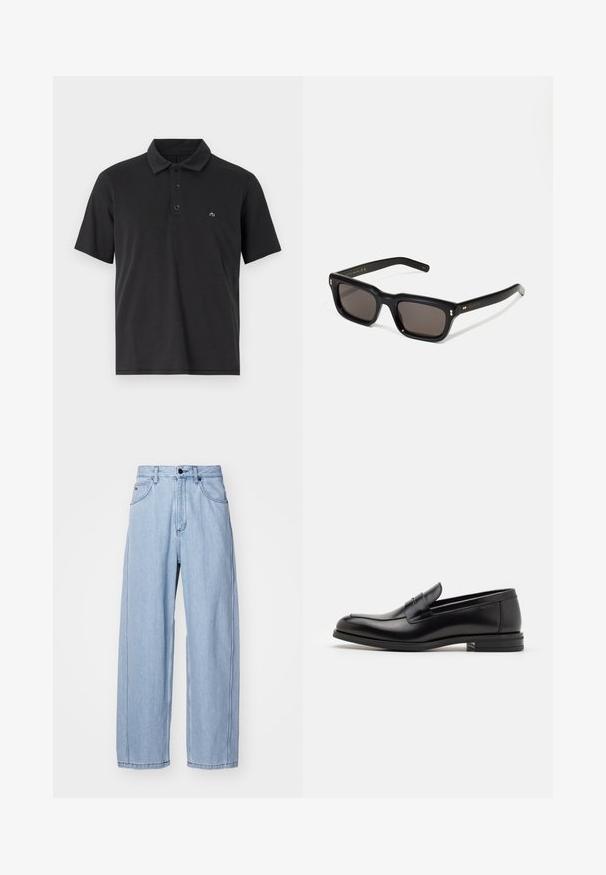 Czarna koszulka polo z bawełny, z złożonym kołnierzykiem, zapięciem na trzy guziki, krótkimi rękawami oraz małym haftowanym logo na piersi.; Jasnoniebieskie dżinsy o szerokim kroju, z przodu posiadające kieszenie, z zapięciem na guzik oraz z detalami w postaci przeszyć wzdłuż szwów.; Czarne skórzane mokasyny o gładkiej fakturze, zaokrąglonym nosku i dekoracyjnym pasku na przodzie. Niski, warstwowy obcas, minimalistyczny design.; Czarne prostokątne okulary przeciwsłoneczne z ciemnymi soczewkami, grubą plastikową oprawą, złotymi akcentami na zausznikach oraz wygrawerowanym logo marki na ramieniu.