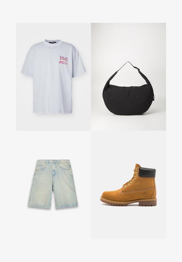 Light gray cotton t-shirt with a relaxed fit, featuring a colorful "Ksubi World Tour" graphic on the left chest. Short sleeves and crew neck.; Light blue denim shorts with a loose fit, five pockets, light distressing, and visible stitching. Features a button and zip fly closure.; Tan suede ankle boot with black padded collar, gold metal eyelets, white stitching detailing, and rugged rubber sole with pronounced treads.; Black fabric shoulder bag with a curved shape, featuring a single strap and a zippered closure. Soft texture, minimalist design.