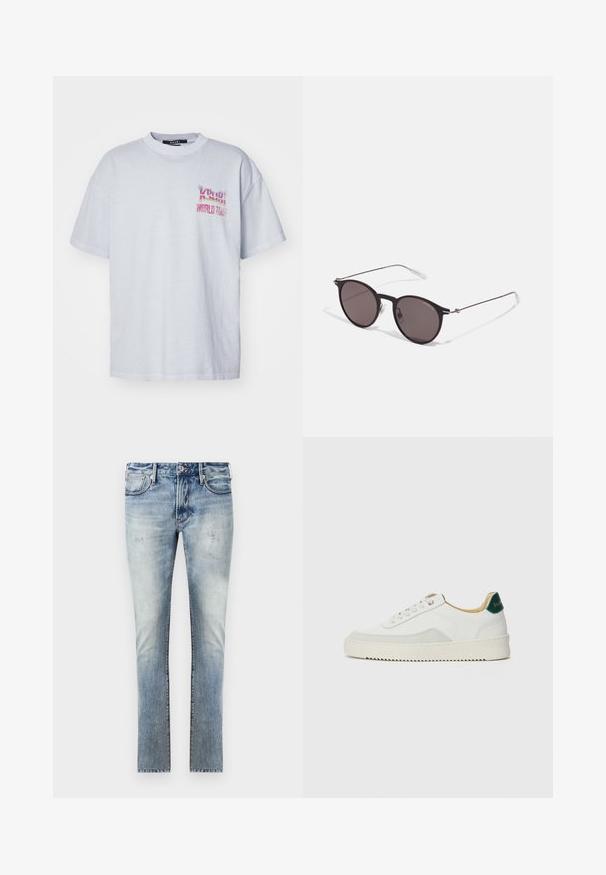 Lysegrå bomull T-skjorte med avslappet passform, med en fargerik "Ksubi World Tour" grafikk på venstre bryst. Korte ermer og rund hals.; Lys blå denim jeans med en falmet finish, slim fit-design, fem lommer og kontrasterende sømmer.; Hvit sneakers med semsket detaljer, rund tå, flate snøringer og en kremfarget gummisåle. Har grønn merking på hælen.; Sorte, runde solbriller med mørke linser og slanke metalarmer. Inkluderer klare temple tips og sølvfargede detaljer ved hengslet. Minimalistisk design.