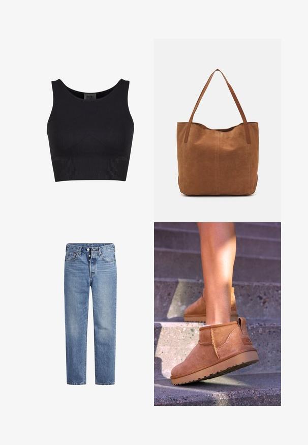 Melnā ribota cropped topa ar noapaļotu kakla izgriezumu un plašām plecu siksnām. Iespējo menstru dizains un bezšuvju maliņas komfortam.; Gaiši zila džinsu bikses ar taisnu griezumu, piecu kabatu dizainu un poga aizdari. Iespējamas nelielas izbalēšanas un apelsīnu diegu akcenti.; Dzeltenbrūnas zamšādas potīšu zābaciņi ar mīkstu tekstūru, izšūtu apdari un gumijas zoli, kas aprīkoti ar cilpu uz papēža ērtai uzvilkšanai.; Brūns zamša tote somas ar divām garām rokturiem, ar gludu tekstūru, vienkāršu dizainu un bez redzamām aparatūrām vai akcentiem.