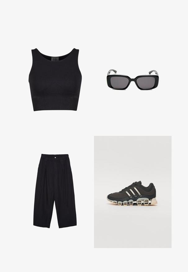Črn rebrast crop top z zaobljenim izrezom in širokimi naramnicami. Ima prilegajoč dizajn in brezšivne robove za udobje.; Črne poliesterske culotte hlače z elastičnim pasom, dvema sprednjima nabiranjema in ohlapnim krojem. Brez vidnih vzorcev ali kovinskih detajlov.; Črne športne čevlje z teksturiranim zgornjim delom, tremi srebrnimi črtami in značilno blažilno podplatom, ki vključuje več integriranih delov.; Črne pravokotne sončne očala z temnimi lečami, gladkim plastičnim okvirjem in ukrivljenimi nogicami. Oblika je robustna in minimalistična.