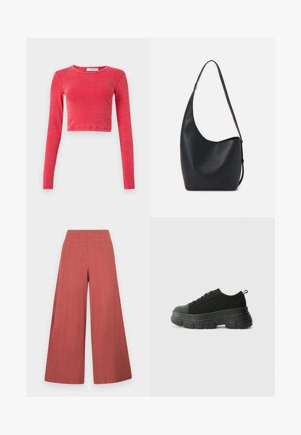 Langsleeve, cropped top in geribbelde textuur, met een ronde hals. Kleur: levendig rood. Inclusief een label in de hals met "JJXX."; Wijde broekspijpen in een roestkleur, gemaakt van gestructureerde stof met verticale ribbels. Voorzien van een hoge, elastische tailleband.; Zwarte sneakers met een stevige rubberen zool, textiel bovenwerk, ronde neus en vetersluiting. Beschikt over versterkte oogjes en een trekstrip aan de achterkant.; Zwarte leren hobo tas met een gladde textuur, kromme vorm en een enkele verstelbare schouderband; heeft een brede opening aan de bovenkant.