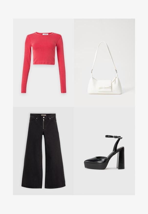Hosszú ujjú, rövid fazonú dzseki egy bordázott textúrával, kerek nyakkivágással. Szín: élénk piros. Tartalmaz egy címkét a nyaknál "JJXX" felirattal.; Fekete denim széles szárú farmer, cipzáros elejével, öt zsebes kialakítással és diszkrét varrással. Sima textúra és laza stílus.; Fekete platform magassarkú cipők hegyes orral és állítható bokapánttal. Sima bőrből készült, vastag talppal.; Fehér szintetikus kézitáska, háromszög alakú, lapos előlap, masni részlettel, állítható pánttal, sima textúrával és minimalista dizájnnal.