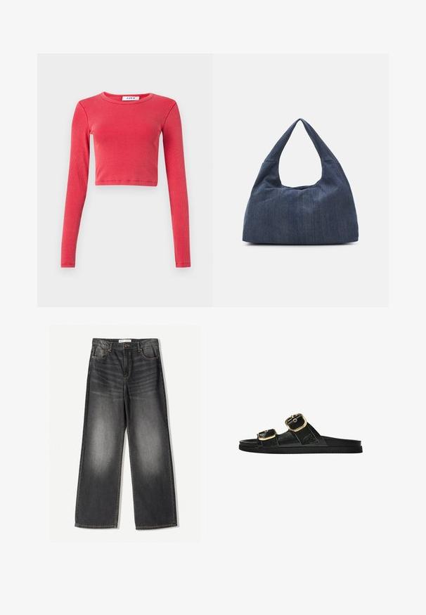 Pitkähihainen, lyhyt toppi ribbitekstuurissa, jossa on pyöreä pääntie. Väri: kirkas punainen. Pääntiessä on "JJXX" -logo.; Tummanharmaat leveät farkut, jotka on valmistettu denimistä. Niissä on viisi taskua, etuvetoketju ja kontrastiväriset ompeleet saumoissa.; Musta liukusandaali, jossa on kaksi kultaisesta solkesta tehtyä korostusta, sileäpintainen materiaali, litteä pohja ja minimalistinen muotoilu.; Tumma sininen denimi laukku, jossa on pehmeä ja löysä muoto, hobo-tyylinen kahva ja teksturoitu pinta. Ei näkyviä metalliosia.