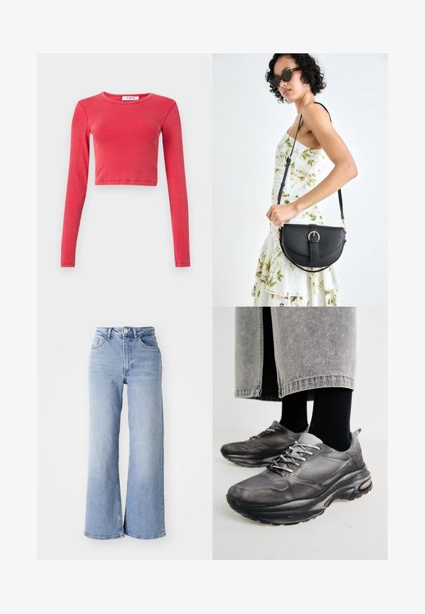 Top cropped de manga longa em textura canelada, com decote redondo. Cor: vermelho vibrante. Inclui uma etiqueta no pescoço com "JJXX."; Jeans de cintura alta, de perna larga, em azul claro, com bolsos frontais e traseiros, fecho de botão e desbotamento subtil nas coxas e nas bainhas.; Sapatilhas atléticas pretas e cinzentas apresentam um upper em malha, solas espessas e atacadores. Têm um bico arredondado e detalhes de amortecimento visíveis.; Bolsa de couro preta com forma curva, alça destacável e detalhes em dourado. A bolsa possui uma aba com detalhe de fivela.