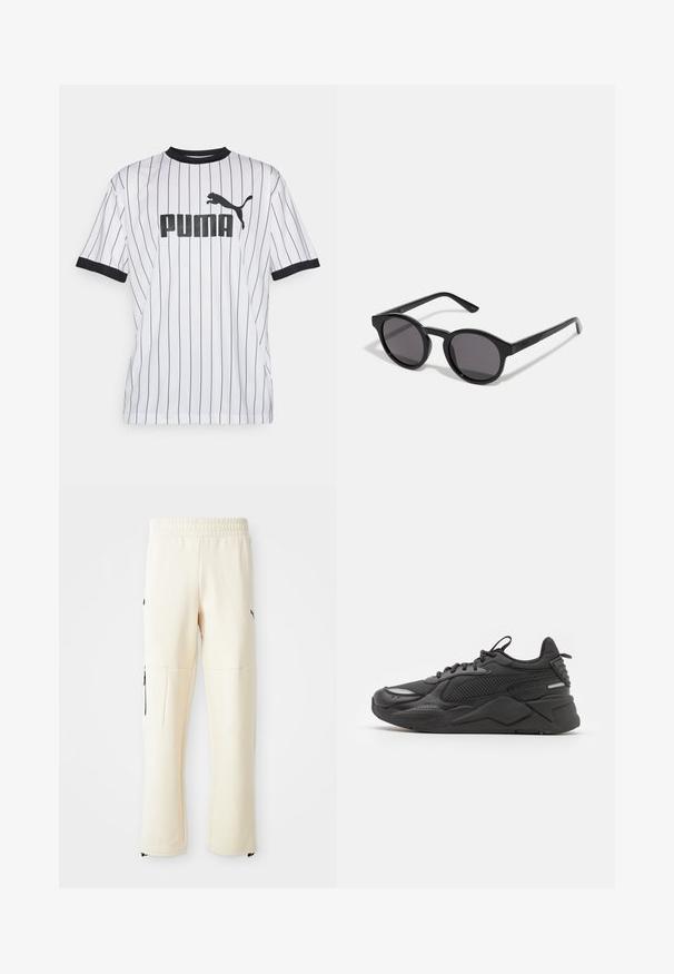 Vit tröja med svarta vertikala ränder, svart krage och ärmar. Har en stor svart "PUMA"-logotyp på framsidan med en silhuett av en pumla.; Ljust beige sweatpants tillverkade av mjukt tyg. Har en svart logotyp, sidofickor med dragkedjor och en avslappnad passform.; Svart sneaker med en texturerad ovandel, featuring mesh och syntetiska material, en tjock sula och reflekterande detaljer för synlighet.; Svarta solglasögon med en rund, något vågig ram, mörka linser och rak svarta skalmar. Slät, blank yta utan synliga mönster.