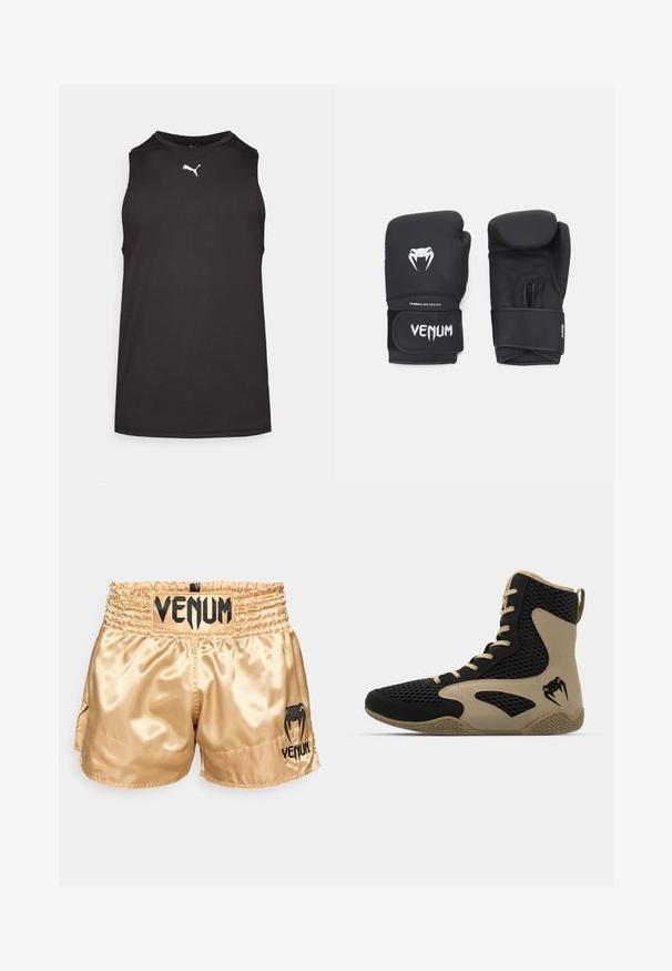 Fekete ujjatlan sportpóló sima anyagból, kerek nyakkivágással és fehér logóval a mellkason. Könnyű kialakítás.; Arany selyem boksznadrág fekete "VENUM" logóval a derékszíjon és az oldalon, sima textúrával és rugalmas derékszíjjal a kényelmes viselet érdekében.; Felsőrészes sportcipő fekete hálós külsővel, bézs dzsungelrészletekkel. Texturált gumitalp és logó részlet az oldalon.; Fekete boxkesztyűk sima textúrával, fehér méreg logóval és állítható tépőzárral a biztonságos illeszkedésért.