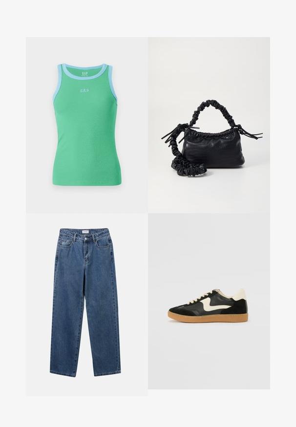 Zeleni pružasti top bez rukava s svijetloplavim detaljima i "GAP" logom u svijetloplavoj boji na prednjoj strani. Ima priljubljen kroj.; Klasične plave traperice s ravnim nogavicama, pet džepova i dugmadom za zatvaranje. Imaju srednje pranje i čvrstu teksturu.; Crna nubuk i kožna tenisica s kremastim bočnim swooshom i svijetlom kremastom petom. Sadrži bež vezice i gumu na potplatu.; Crna torba od umjetne kože s teksturom krokodila, s cinčanim vrhom i naboranom trakom. Izgleda mekano i kompaktno u dizajnu.