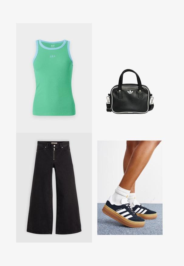 Vihreä ribattupintainen tankkitoppi, jossa on vaaleansininen trimmi ja etuosassa vaaleansinisellä "GAP"-logo. Hihaton muotoilu ja istuva malli.; Mustat leveälahkeiset farkut, joissa on vetoketjufrunti, viisi-taskuinen muotoilu ja hienovaraiset ompelusyyt. Sileä pinta ja rento tyyli.; Musta mokkanahkainen tennari, jossa valkoiset raidat ja yksityiskohdat, pyöreä kärki, purukumipohja, yhdistetty valkoisiin ribbineuleisiin nilkkasukkiin.; Musta nahkainen käsilaukku, jossa on kaksi lyhyttä kahvaa, hopeiset yksityiskohdat, valkoiset tehosteet ja valkoinen logo. Sisältää teksturoidun pinnan ja kompaktin muotoilun.