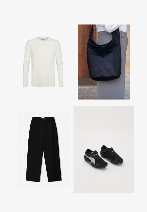 Weißes Langarm-T-Shirt aus weichem Stoff, mit Rundhalsausschnitt und enganliegenden Ärmeln, ohne sichtbare Muster oder Verzierungen.; Schwarzes kurzärmliges Hemd mit einem strukturierten Muster, einem spitzen Kragen und einer Brusttasche. Knopfverschluss an der Vorderseite.; Schwarze bunte weit geschnittene Hose aus einem strukturierten Stoff, mit einem elastischen Bund und seitlichen Taschen. Einfaches, minimalistisches Design ohne Verzierung.; Schwarze Sportschuhe mit strukturierten Sohlen, schlanker Silhouette und grauem Akzentdesign; verfügen über einen sicheren Verschlussriemen und eine Schnürung.; Schwarze Leder-Schultertasche mit einer weichen, glatten Textur, gewölbtem oberen Teil und runder Basis, die neben hellfarbener Hose präsentiert wird.; Silberne Metallarmbanduhr mit quadratischem Gehäuse, weißem Zifferblatt, römischen Ziffern und einem silbernen Gliederarmband. Verfügt über ein wasserdichtes Design.