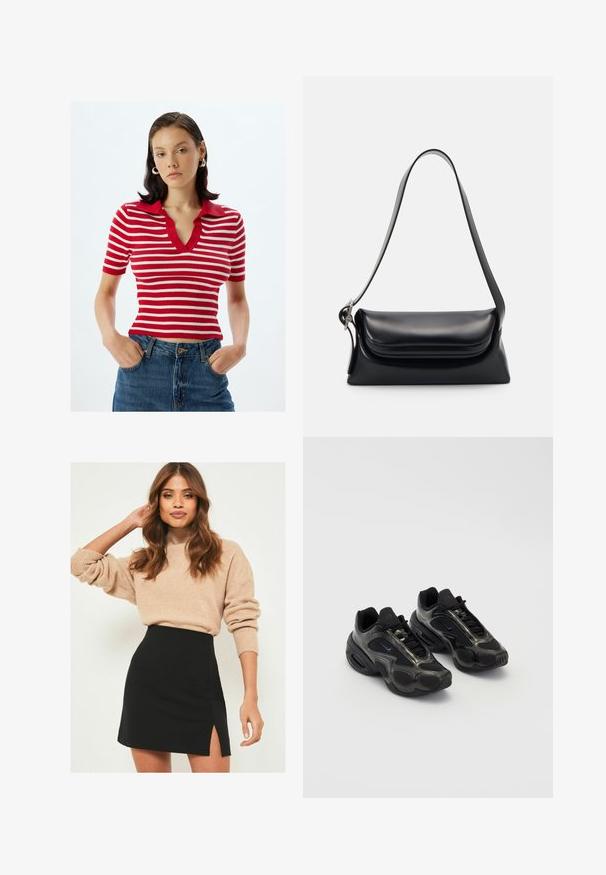 Rot-weißer gestreifter kurzärmeliger gerippter Polohemd mit V-Ausschnitt und kragen in einfarbigem Rot, kombiniert mit hoch taillierten Jeans.; Beige gestrickter Pullover mit gerippten Bündchen, kombiniert mit einem schwarzen Minirock mit seitlichem Schlitz. Das Outfit hat eine lässige, jedoch figurbetonte Silhouette.; Schwarze Sportschuhe aus synthetischem Material mit Mesh-Akzenten und abgerundeten Sohlen. Verfügt über ein Schnürsystem und ein prominentes Nike-Logo auf der Zunge.; Schwarze Lederhandtasche mit strukturiertem Design, glatter Textur und einem einzelnen Schulterriemen. Verfügt über ein dezentes, abgerundetes Klappendesign.; Silberne Casio Quarzuhr mit rechteckigem Ziffernblatt, analogem und digitalem Display, Edelstahlarmband und wasserdichten Eigenschaften.