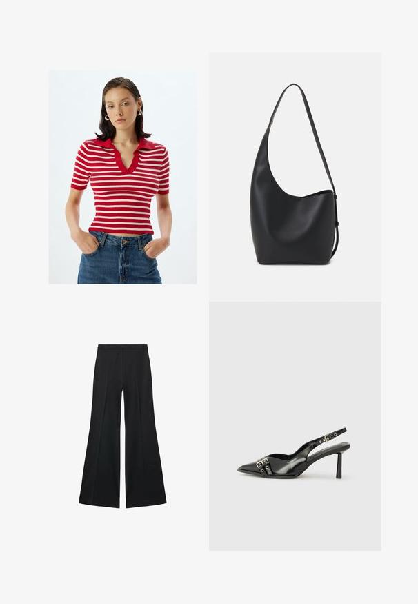 Polo rouge et blanc à rayures, à manches courtes et en rib, avec un décolleté en V et un col rouge uni, associé à un jean en denim taille haute.; Pantalons larges noirs avec une texture lisse, présentant des plis sur le devant et un design ajusté. Le tissu est léger et fluide.; Chaussure slingback en cuir verni noir avec un embout pointu, des brides de cheville avec des boucles en argent et des éléments en métal, et un talon fin.; Sac hobo en cuir noir avec une texture lisse, une forme incurvée et une seule sangle réglable ; dispose d'une large ouverture en haut.