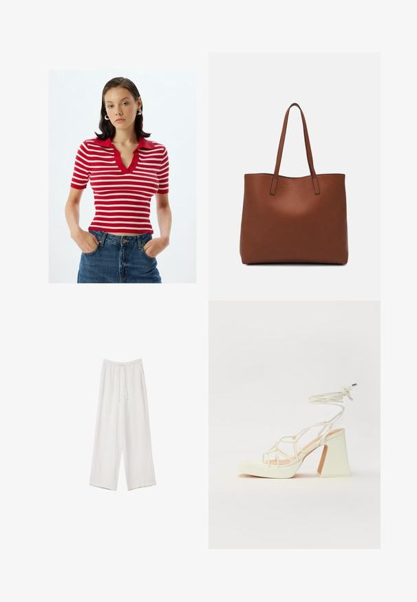 Polo a righe rosse e bianche con maniche corte, a costine, con scollatura a V e colletto rosso uniforme, abbinato a jeans in denim a vita alta.; Pantaloni a gamba larga bianchi realizzati in un tessuto leggero. Presentano una vita elastica con cordoncino e tasche laterali. Texture liscia.; Sandalo bianco con tacco alto, caratterizzato da un design a cinturini e un legaccio alla caviglia. Texture liscia con una piattaforma frontale per un'altezza aggiuntiva.; Borsa tote in pelle marrone con texture liscia, design con apertura superiore e due spallacci. Presenta cuciture minime e nessun hardware visibile.