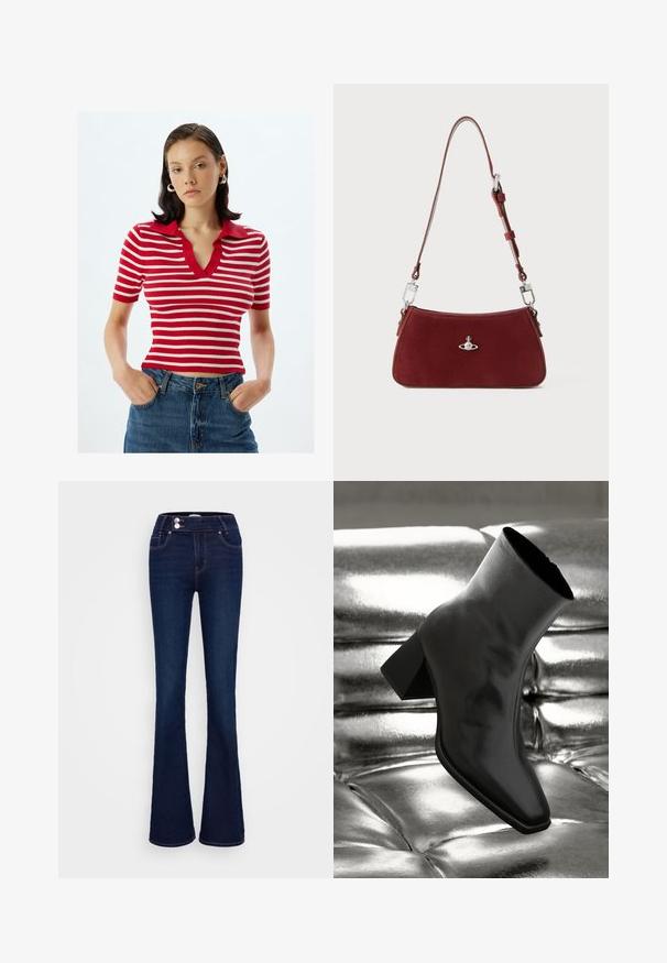 Polo rouge et blanc à rayures, à manches courtes et en rib, avec un décolleté en V et un col rouge uni, associé à un jean en denim taille haute.; Jean bleu foncé évasé avec une taille haute, deux poches avant et deux fermetures à bouton. Fabriqué en denim avec une texture lisse.; Botte noire à la cheville en matériau brillant avec un bout carré et un talon effilé, sur un fond argenté brillant et capitonné.; Sac à épaule en daim rouge avec une forme incurvée. Présente un accent en métal argenté et une bandoulière réglable avec des détails en quincaillerie. Texture lisse.