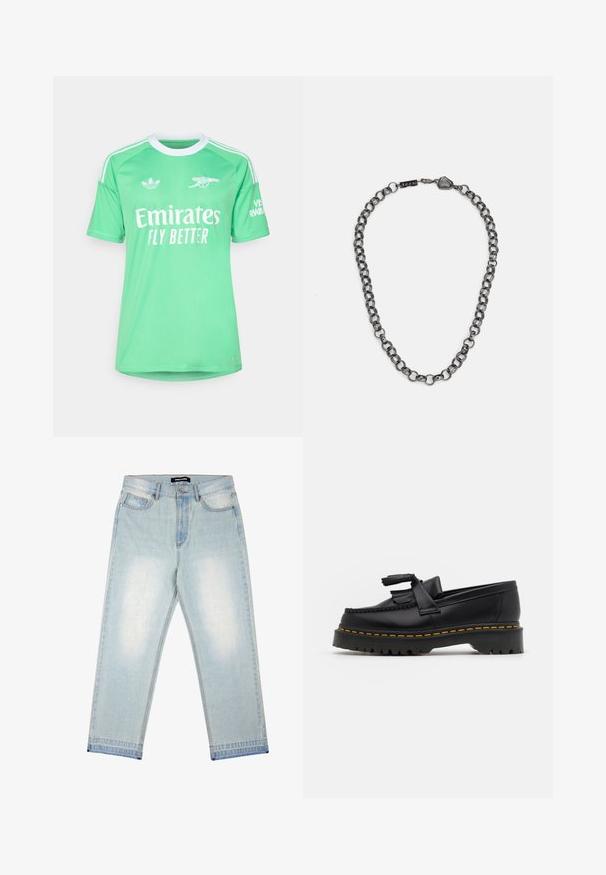 adidas Performance LIVERPOOL FC 25/26 GOALKEEPER JERSEY - Klubové oblečenie - glory mint; Pegador BARROW - Džínsy široké - sand washed blue; Čierne kožené loafre s detailom na strapcoch, s masívnou čiernou podrážkou a žltým prešitím pozdĺž okraja. S textúrovaným povrchom.; Kovová retiazka na krk s predĺženými článkami v tmavej gunmetalovej farbe. Obsahuje geometrický akcent a uzáver s detailom značky.