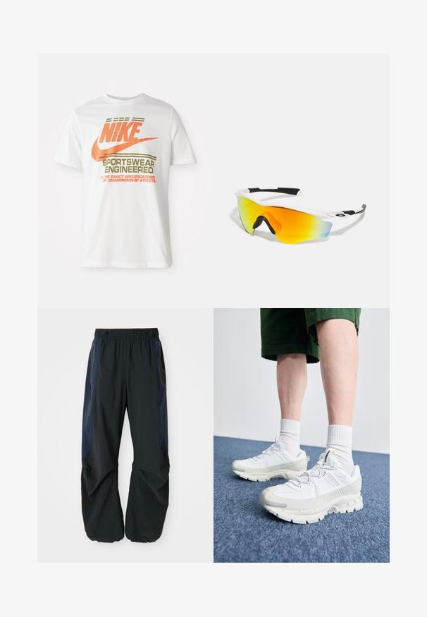 Valge puuvillane T-särk, millel on suur oranž "NIKE" logo ja roheline tekst "SPORTSWEAR ENGINEERED" koos täiendavate spetsifikatsioonidega.; Mustad mustad püksid, millel on lõdvestunud sobivus, elastne vöökoht, tumesinised külgpaneelid ja vetthülgavad taskud mõlemal küljel.; Valged sportsijalatsid tekstuursete pealsete, kopsaka tallaga ja hallide aktsentidega. Kanda valgete lühikeste sokkidega ja roheliste lühikeste pükstega sinisel pinnal.; Valged spordiprillid kaardus disainiga, mustade kummist aktsentidega ja peegeldava oranži-kollase objektiiviga, mis üleminek siniseks.