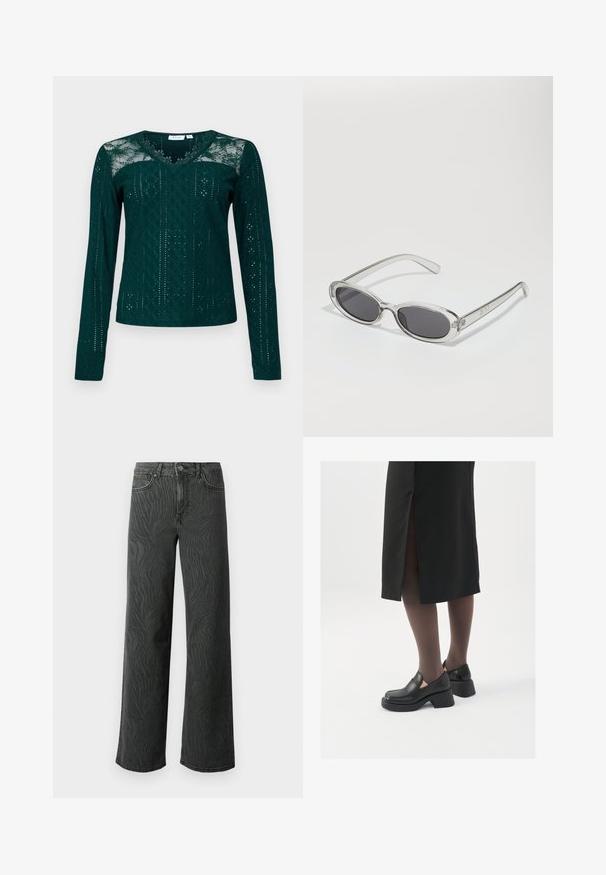 Turkizna dolga majica z dolgimi rokavi, ki ima V-izrez, čipkaste panele in zapletene izreze. Mehka tkanina z variacijami teksture.; Široke hlače iz temnega sivega denima, z diskretno teksturo zebri, kontrastnim šivanjem in petimi žepi ter z gumbom za zapiranje.; Črne usnjene čevlje s zaobljenim prstom, debelim blokastim petama in elastičnimi stranskimi detajli, v kombinaciji s temno nogavicami in črno krilo z razporkom.; Sončna očala ovalne oblike, prozoren plastičen okvir, temno sivi leči in tanke prozorne roke z logotipnimi akcenti in minimalnimi detajli.