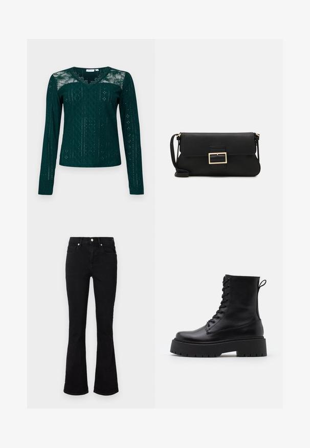 Teal pika pikkvarrukaga pluus, millel on V-kaelus, pitspaneelid ja keerukad lõike mustrid. Pehme kangas, millel on erinevad tekstuurid.; Mustad flared teksasaapad, millel on keskmise tõusuga vöökoht, eesmine taskud ja nupplikuga kinnistus. Sile tekstuur minimaalse õmbluste detailidega.; Mustad mustad nahast pahkluu saapad ümarate varvastega, nööridega esiosas ja paksu kummist talla ning tekstuuritud mustriga. Tagumine tõmbeaas.; Must haben musta nahkklahviga kott, millel on klapp ja kuldne metallist pandla detail. Kaasas must rihm ja stiilne, minimalistlik disain.