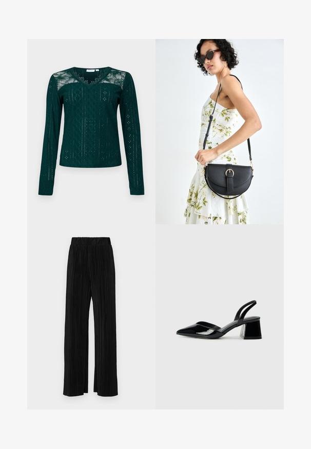 Camisola de mangas longas em tom verde-água com decote em V, painéis de renda e padrões recortados intrincados. Tecido suave com variações de textura ao longo da peça.; Calças pregueadas pretas com uma cintura elástica. Apresentam pernas largas e um tecido liso, texturizado com riscas verticais.; Sandy em verniz preto com salto slingback, ponta afilada e salto geométrico. Apresenta um design elegante e minimalista com textura suave.; Bolsa de couro preta com forma curva, alça destacável e detalhes em dourado. A bolsa possui uma aba com detalhe de fivela.