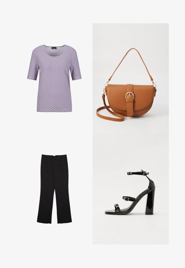 Kurze Ärmel lila T-Shirt mit einem Diamantmuster in Weiß und Dunkellila, mit weit ausgeschnittenem Hals und weichem, glattem Stoff.; Schwarze Hose mit geradem Schnitt, ausgestattet mit Fronttaschen und Seitenschlitzen am Saum. Hergestellt aus weichem, glattem Stoff. Geeignet für verschiedene Anlässe.; Schwarze patentierte Sandalen mit Absatz, quadratischer Spitze, Knöchelriemen und silbernen Schnallen. Mit einem stabilen Blockabsatz für mehr Stabilität.; Braune Leder-Crossbody-Tasche mit geschwungener Form, goldfarbenen Beschlägen und einer Schnallenakzentuierung. Verfügt über einen abnehmbaren Schultergurt.