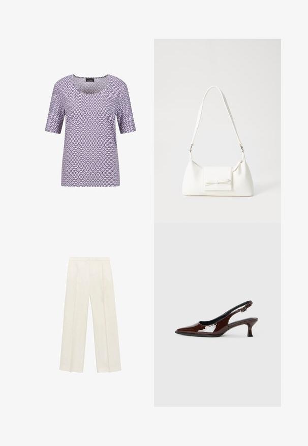 Paars T-shirt met korte mouwen, versierd met een diamantpatroon in wit en donkerpaars, met een ronde halslijn en een zachte, gladde stofstructuur.; Wijdgevallen broeken in een lichtcrème kleur. Gemaakt van een zachte stof met plooien aan de voorkant en zijzakken.; Bruine gepatineerde leren slingback-schoen met een spitse neus en een gematigd hakje. Voorzien van een gespsluiting voor een veilige pasvorm. Glad van textuur.; Witte synthetische handtas met een driehoekige vorm, platte voorklep en strikdetail, verstelbare schouderriem, gladde textuur en minimalistisch ontwerp.
