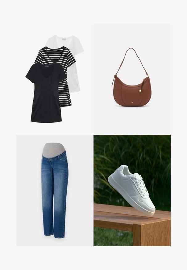 Tre T-skjorter: en ensfarget svart, en hvit og en med svart-hvite striper. Alle har kortermede og V-hals-design.; Graviditetsjeans i mørkeblå denim med tapered passform, elastisk grå midje, frontlommer og en falmet finish i kanten.; Hvite sneakers med en glatt syntetisk overdel, perforert tåboks, flate snørebånd og en teksturert såle, vist på en treflate.; Brun kunstlæder skuldertaske med buet form, minimal syning og detaljer i guld-tonet hardware. Har en top lynlås lukning og justerbar rem.