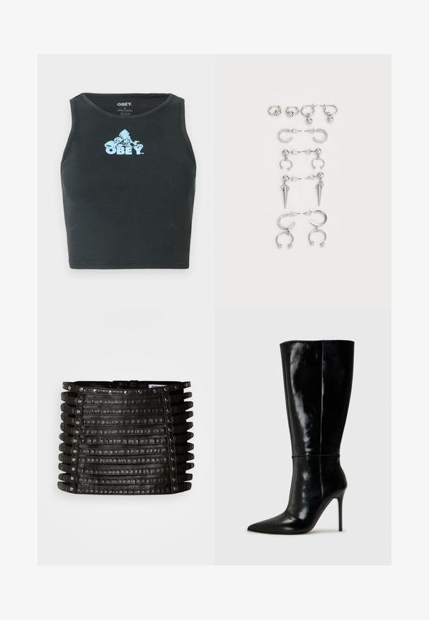 Black ribbed cotton crop tank top featuring a light blue graphic logo centered on the chest. Sleeveless design with a round neckline.; Black leather mini skirt with horizontal strap detailing and silver studs along the top edge and vertical sides.; Black leather knee-high boots with a pointed toe and high stiletto heel. Smooth texture and sleek design, featuring minimal detailing.; Set of silver earrings featuring various designs: hoops, studs, and dangling styles, with ball accents and pointed elements.