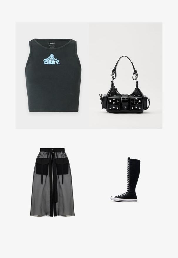 Musta ribattu puuvillainen crop-top, jossa on vaaleansininen graafinen logo keskellä rintaa. Hihaton malli ja pyöreä kaula-aukko.; Musta läpinäkyvä hame, jossa on kerätty vyötärö, kaksi suurta etutaskua, vyönauha ja pyöreä metallikoriste.; Musta korkeavartinen lenkkarit, joissa on korkea muotoilu, valmistettu kankaasta. Varustettu valkoisilla nauhoilla, ompeleilla ja kumipohjalla, jossa on varvaskuppi.; Musta nahkainen käsilaukku, jossa on kaareva muotoilu, hopeiset niitit, solki ja kaksi sivutaskua. Säädettävä olkahihna erilaisiin kantovaihtoehtoihin.