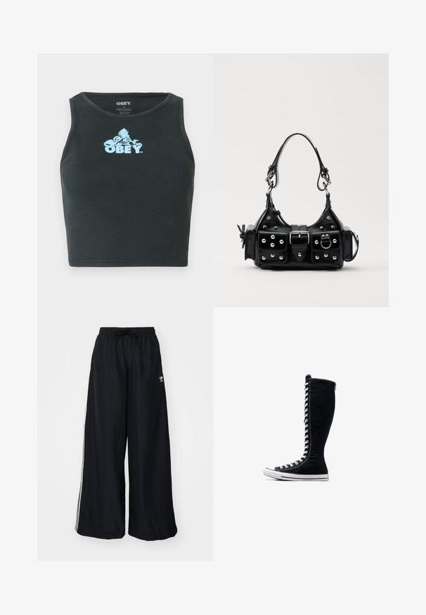 Top de tanque corto de algodón negro con canalé que presenta un logo gráfico azul claro centrado en el pecho. Diseño sin mangas con cuello redondo.; Pantalones anchos negros hechos de tejido ligero. Cuenta con una cintura elástica con cordón y rayas laterales blancas. Logo de la marca en la cadera.; Zapatillas altas negras de lona con un diseño alto. Cuentan con cordones y costuras blancas, y una suela de goma con una puntera.; Bolso de mano de cuero negro con un diseño curvado, que cuenta con tachuelas plateadas, una hebilla y dos bolsillos laterales. Correa ajustable para opciones de transporte.