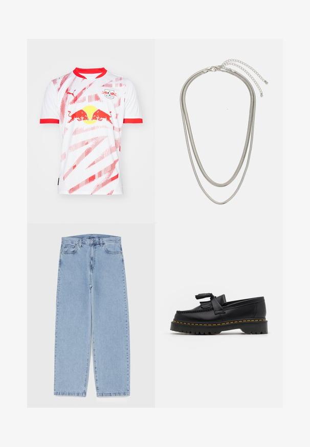 Maglietta atletica bianca con accenti rossi, caratterizzata da strisce diagonali e un logo sul petto. Realizzata in tessuto leggero adatto per gli sport.; Jeans in denim azzurro chiaro con design a gamba dritta, caratterizzati da una vita media, cinque tasche e chiusura con bottone e zip.; Mocassino in pelle nera con un'accento a frange, dotato di una suola nera spessa e cuciture gialle lungo il bordo. Finitura testurizzata.; Collana in metallo argentato a tre strati caratterizzata da catene sottili e flessibili con una leggera lucentezza, fissata con un gancio a molla e una catena regolabile.