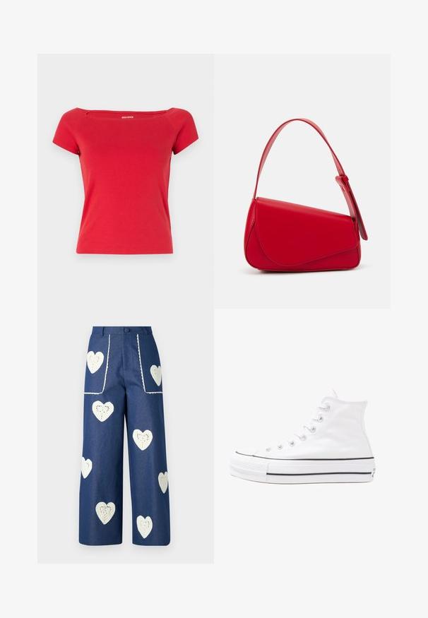 Red cotton t-shirt with a square neckline and short sleeves, featuring a fitted silhouette and subtle text logo on the neckline.; Sister Jane HEART TO HEART - Straight leg jeans - blue denim; White high-top canvas sneaker with black rubber sole, front rubber toe cap, and six eyelets for laces, featuring a clean, minimalist design.; Red leather handbag with an angular, geometric design. Features a single adjustable strap and a flap closure with stitched detailing.