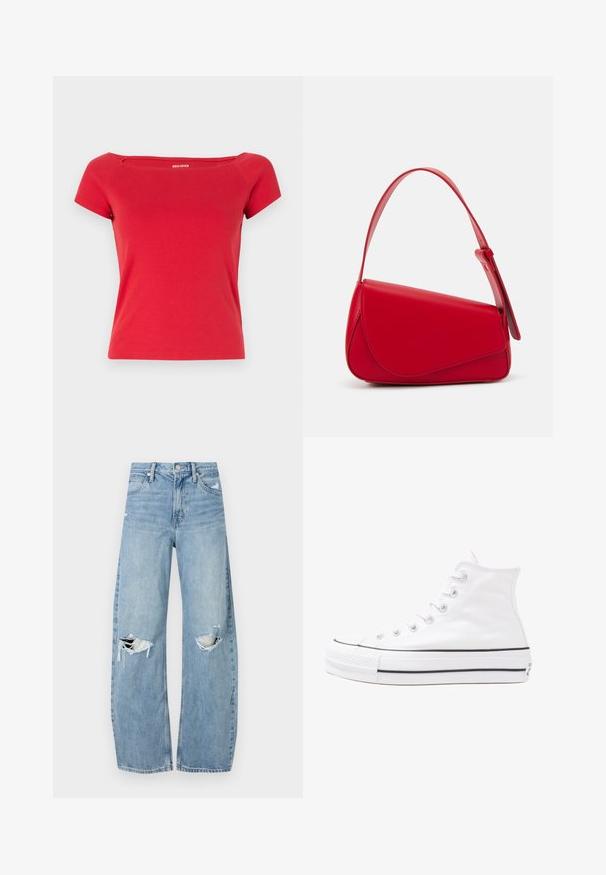 Red cotton t-shirt with a square neckline and short sleeves, featuring a fitted silhouette and subtle text logo on the neckline.; Light blue, high-waisted jeans made of denim. Feature wide legs, two torn knee areas, and classic five-pocket styling.; White high-top canvas sneaker with black rubber sole, front rubber toe cap, and six eyelets for laces, featuring a clean, minimalist design.; Red leather handbag with an angular, geometric design. Features a single adjustable strap and a flap closure with stitched detailing.