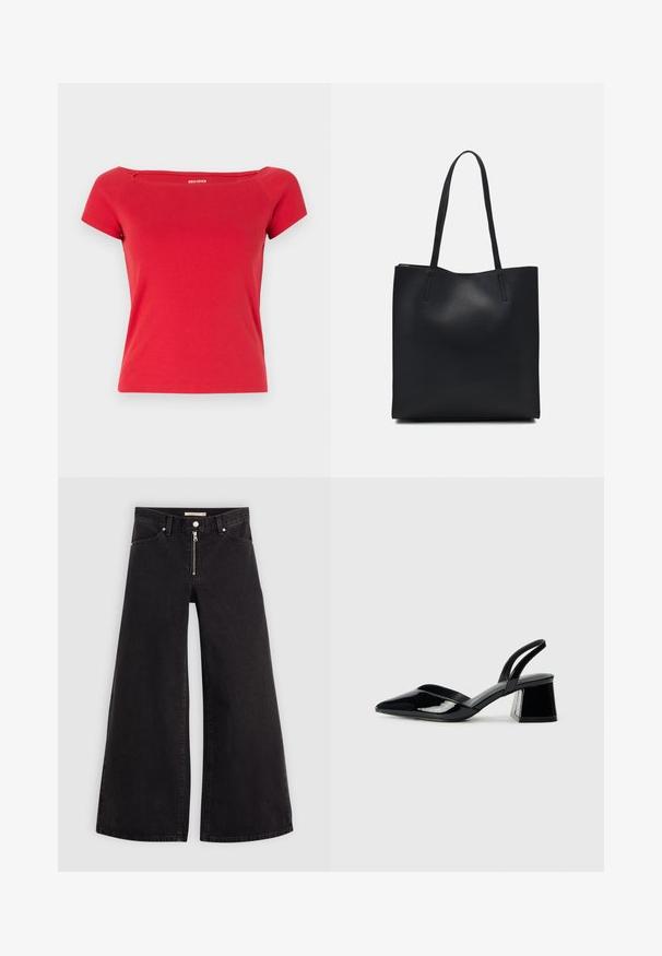 Sarkana kokvilnas T-kreklu ar kvadrātveida kakla izgriezumu un īsām piedurknēm, kurai ir pieguļošs siluets un diskrēts teksts logo kakla izgriezumā.; Platas kājas džinsi melnā džinsa audumā ar rāvējslēdzēju priekšā, piecu kabatu dizains un smalkas šuvju detaļas. Gluda tekstūra un ikdienišķs stils.; Melna lakota āda ar atvērto papēdi, ar smailu purngalu un ģeometrisku blokpapēdi. Iezīmējas elegants, minimāls dizains un gluda tekstūra.; Melnas ādas somiņa ar gludu tekstūru, taisnstūra formu un divām garām rokturiem. Nav redzamu aparatūras vai rotājumu.