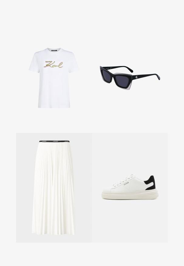 Camiseta de algodón blanca con la palabra "Karl" en un elegante guión de lentejuelas verdes y rosas. Mangas cortas y un cuello redondo. Diseño limpio y sencillo.; Falda blanca plisada con una cinturilla elástica negra que presenta el logotipo "LACOSTE". Diseño de longitud media con textura suave.; Zapatillas blancas de cuero con una suela blanca gruesa, acento en el talón de ante negro y logo grabado en el lateral. Diseño de cordones con seis ojales.; Gafas de sol negras de gran tamaño con una forma geométrica, que presentan lentes oscuros y un detalle gris contrastante en la montura. Logo en la pata.