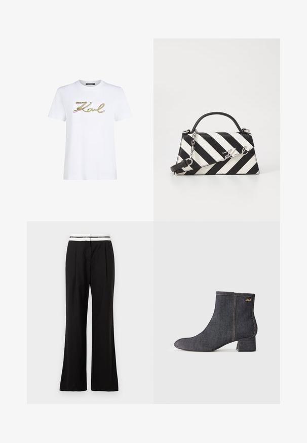 Bijela pamučna majica s natpisom "Karl" u zelenoj i ružičastoj šljokičastoj izvedbi. Kratki rukavi i okrugli izrez. Čist, jednostavan dizajn.; Crne hlače opuštenog kroja, s bijelim elastičnim pojasom s logotipom. Izrađene su od glatkog materijala s laganim sjajem.; Tamni traperi čizmi do članaka s šiljatim vrhom, blok-petom, vidljivim šavovima i suptilnim logotipom s strane. Glatka tekstura.; Crno-bijela prugasta torba s čvrstim oblikom, koja ima ručku na vrhu, odvojivu lančanu naramenicu i metalni logo akcent.