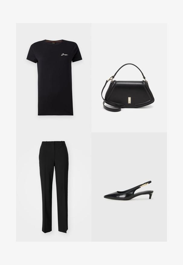 Melnas īsām piedurknēm T-krekls, kas izgatavots no kokvilnas, ar apaļu kaklu un baltu izšūtu logo kreisajā krūtī. Gluda tekstūra.; Melnas pielāgotas bikses ar taisnu kāju dizainu, kas raksturojas ar gludu faktūru un asiem krokām pa priekšu. Nav redzamu metāla detaļu.; Melnas ādas slingback zābaki ar smailu purngalu, ar šauru papēdi un zelta krāsas akcentu uz regulējama siksniņas. Gluda tekstūra.; Melnas ādas roku soma ar struktūru, ar īsu formu, augšējo rokturi un zelta aksesuāriem. Iekļauta regulējama plecu siksna.