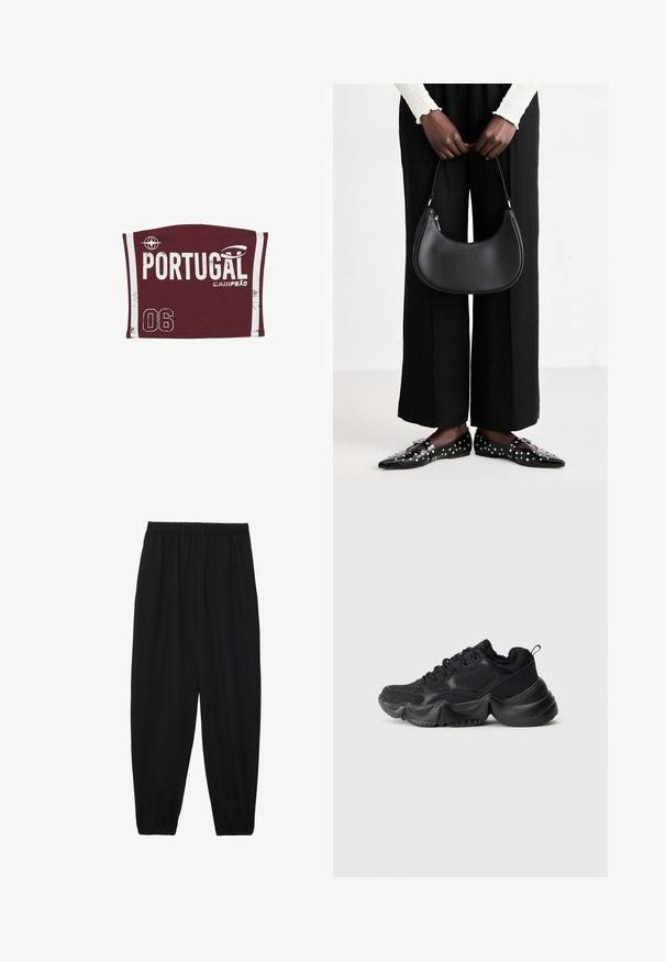 Stradivarius PORTUGAL BANDEAU - Top - bordeaux; Pantaloni neri leggeri con vita elastica e caviglie arricciate. Il tessuto è liscio e presenta un design rilassato e affusolato.; Sneakers neri con una combinazione di materiali lisci e texturizzati, suole spesse, forma arrotondata e cuciture decorative. Presentano un collare morbido e soffice.; Borsa a spalla in pelle nera con forma arrotondata, finitura lucida e accessori in argento. Persona che indossa pantaloni ampi neri e mocassini con borchie.