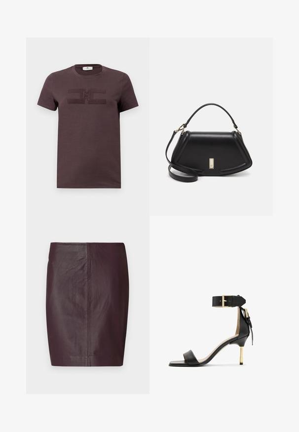 Mørk lilla bomulls t-skjorte med korte ermer, med et teksturert logodesign i midten. Rund hals og mykt stoff.; Mørk burgunder lærskjørt med en glatt tekstur, tettsittende design og en rett silhuett. Har minimale sømmer og ingen synlig maskinvare.; Svarte lær høyhælte sandaler med firkantet tå, ankelrem med gullspenne, og en slank metallhæl. Glatt tekstur, minimalistisk design.; Sort lærveske med en strukturert design, som har en avkortet form, topphåndtak og detaljer i gull. Justerbar skulderstropp inkludert.