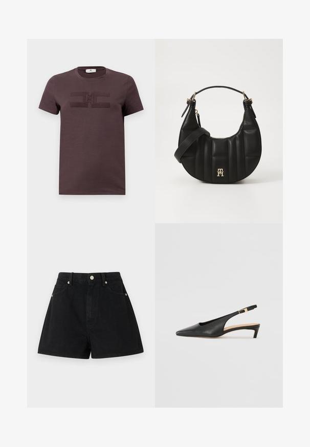 Mørk lilla bomulls t-skjorte med korte ermer, med et teksturert logodesign i midten. Rund hals og mykt stoff.; Sorte denimshorts med høy midje, fem lommer, sølvfarget detaljer og standard passform, med en jevn tekstur og ren finish.; Svart lær slingback hæl med spiss tå, lav hæl og justerbar ankelrem med en gullfarget spenne. Glatt tekstur.; Svart skinnhåndveske med en buet form, kviltet tekstur og gullhardware. Har en avtagbar skulderrem og logo-detaljer.