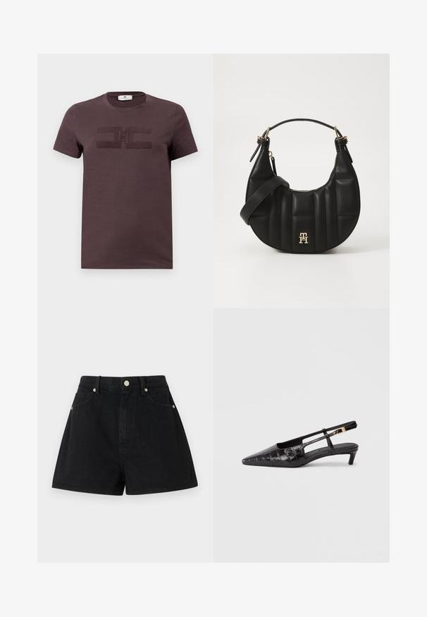 Tamsiai violetinės spalvos medvilninė marškinėliai su trumpomis rankovėmis, centre turintys tekstūrinį logotipo dizainą. Apvalus kaklas ir švelni medžiaga.; Juodi džinsiniai šortai su aukštu liemeniu, penkiomis kišenėmis, sidabro detalėmis ir standartiniu siluetu, pasižymintys lygia tekstūra ir tvarkingais apdailos darbais.; Juodas odinis smailėjantis slingback tipo batelis su krokodilo tekstūra, mažas supintas kulnas ir reguliuojama dirželis su metaline sagtimi.; Juodas odinis rankinukas, su išlenkta forma, siuvinėta tekstūra ir auksiniais akcentais. Pasižymi nuimamu peties diržu ir logotipo detale.
