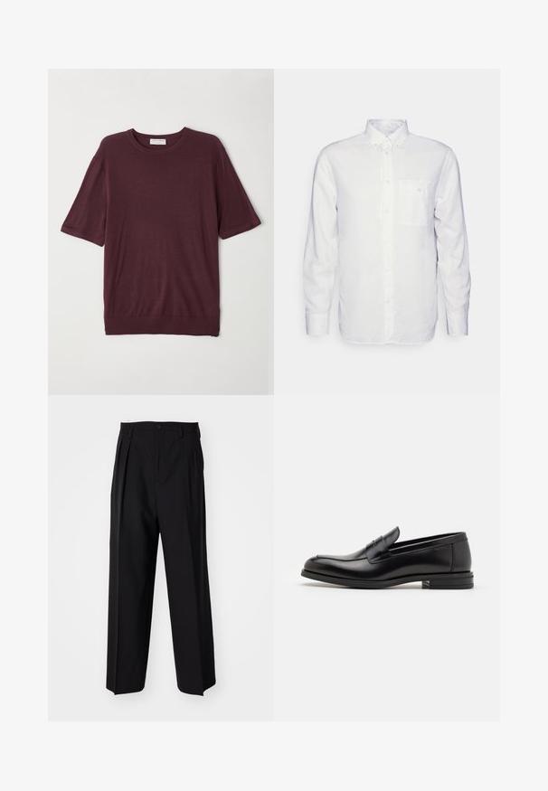Burgundy short-sleeve t-shirt made of soft fabric; features a round neck and a relaxed fit with a straight hem. Basic design without patterns.; Long-sleeve white shirt made of cotton, featuring a button-down collar, front pocket, and regular fit. Textured fabric with a smooth surface.; Black pleated trousers with a straight, wide-leg design. Made from smooth fabric, featuring a button closure and belt loops.; Black leather loafers with a smooth texture, rounded toe, and a decorative strap across the vamp. Low stacked heel, minimalist design.
